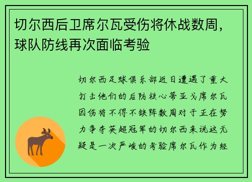 切尔西后卫席尔瓦受伤将休战数周，球队防线再次面临考验