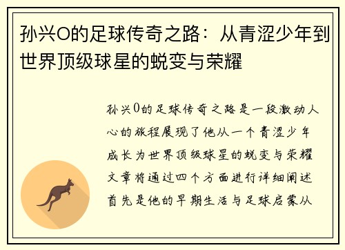 孙兴O的足球传奇之路：从青涩少年到世界顶级球星的蜕变与荣耀